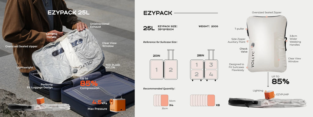 FLEXTAIL X VOLLYC EZYPACK - 25L Vacuum Storage Bag, Reusable Clothing Storage Bag, Travel Backpack Luggage Bag, 85% Compression