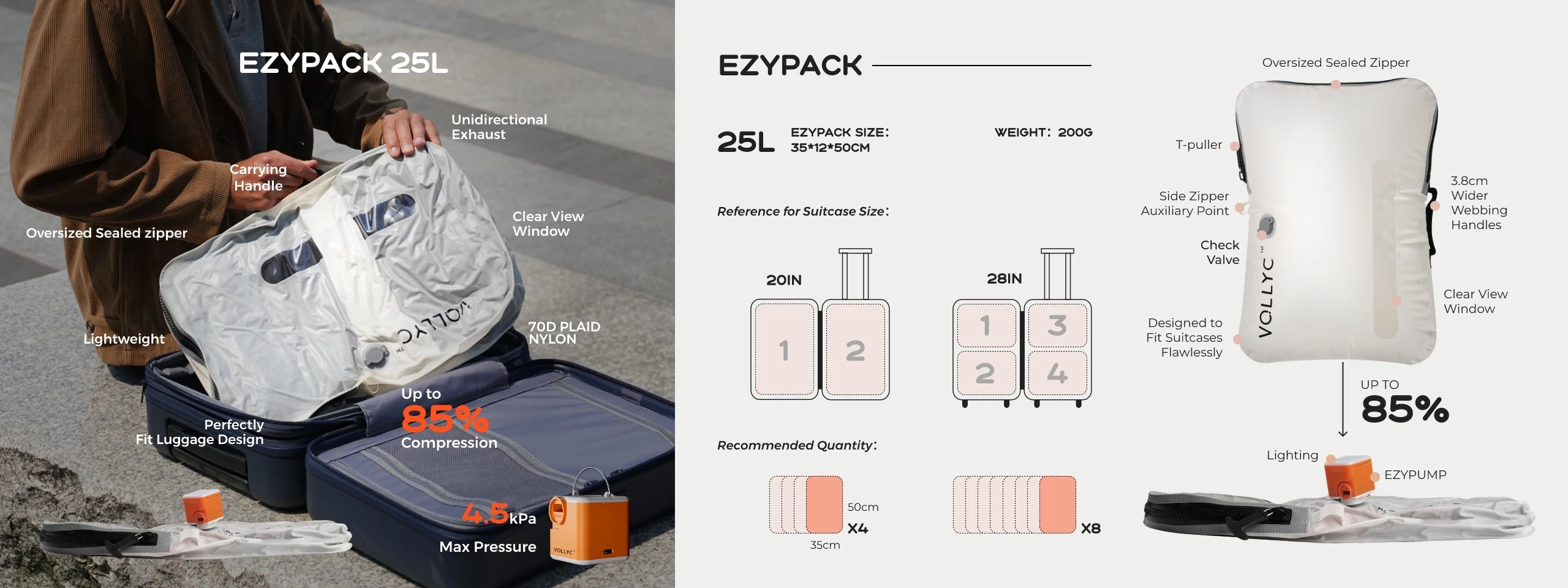 FLEXTAIL X VOLLYC EZYPACK - 25L Vacuum Storage Bag, Reusable Clothing Storage Bag, Travel Backpack Luggage Bag, 85% Compression
