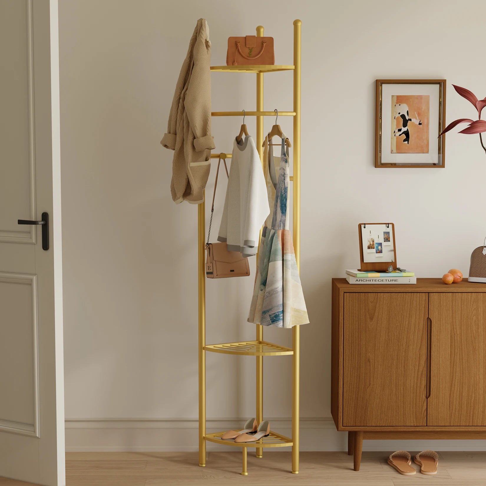 Space-Saving Tall Entryway Gold Metal Coat Stand with Shelves A Free-Standing Clothes Rack Ideal for Bedroom  & Living Room
