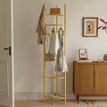 Space-Saving Tall Entryway Gold Metal Coat Stand with Shelves A Free-Standing Clothes Rack Ideal for Bedroom  & Living Room
