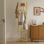 Space-Saving Tall Entryway Gold Metal Coat Stand with Shelves A Free-Standing Clothes Rack Ideal for Bedroom  & Living Room