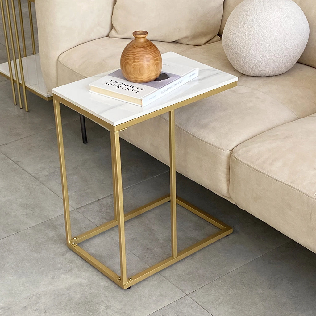 C Shaped End Snack Side Table Under Couch with Marble Top for Sofa Coffee Laptop Living Room Bedroom Small Space