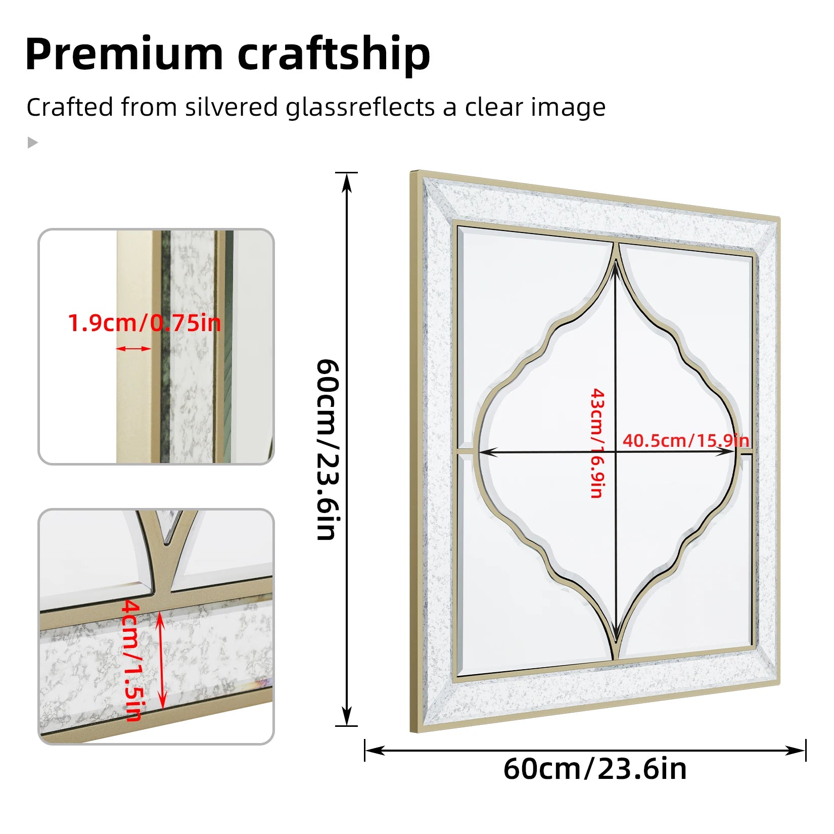 60*60cm Square Living Room Decor Mirror, HD Glass Wall Mounted Mirror with Golden Rim Edge for entryway,Bedroom, Home Wall Decor