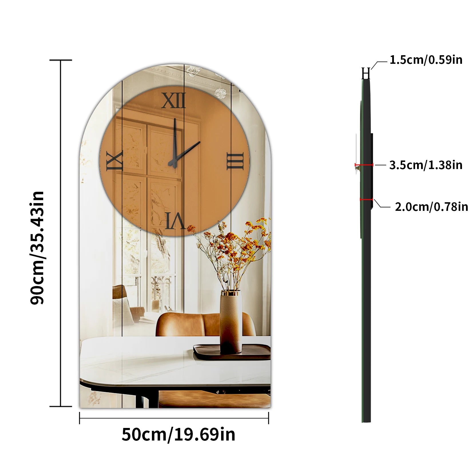 Wisfor Wall Decorative Mirrors Arched Brown Tinted Glass Wall Mounted Clock for Home,Hotel,Living Room,Dining Room,Bedroom Walls