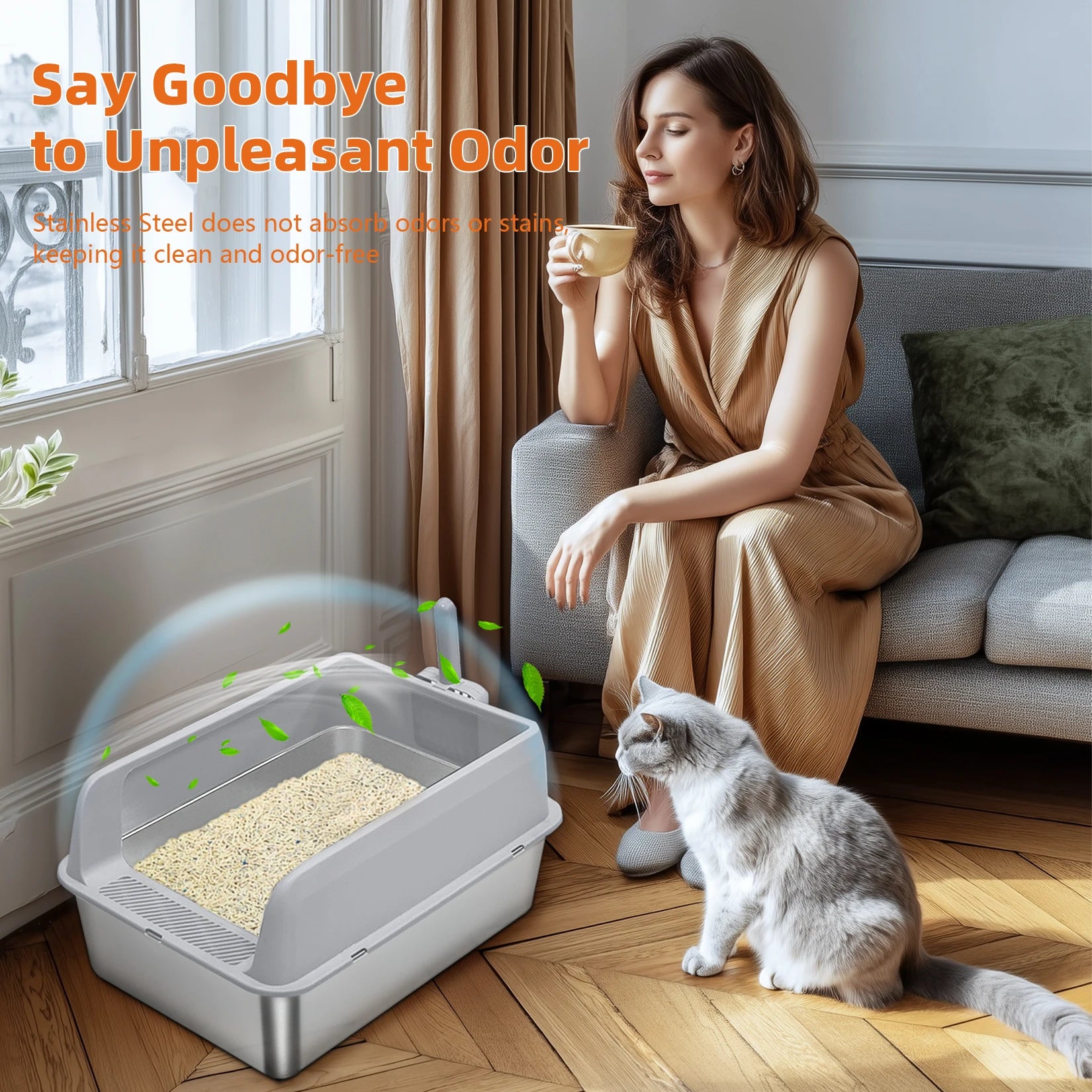 Bingopaw Stainless Steel Litter Box with Lid, High Sides Metal Litter Box System for for Big Cats, Anti-Leakage, Easy Cleaning
