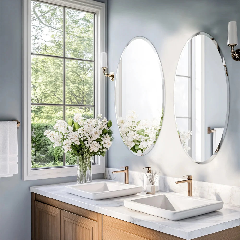 Wisfor Frameless Oval Wall Mirror Silver Beveled Edge Bathroom Vanity Mirror for Modern Home Decor, Fireplaces