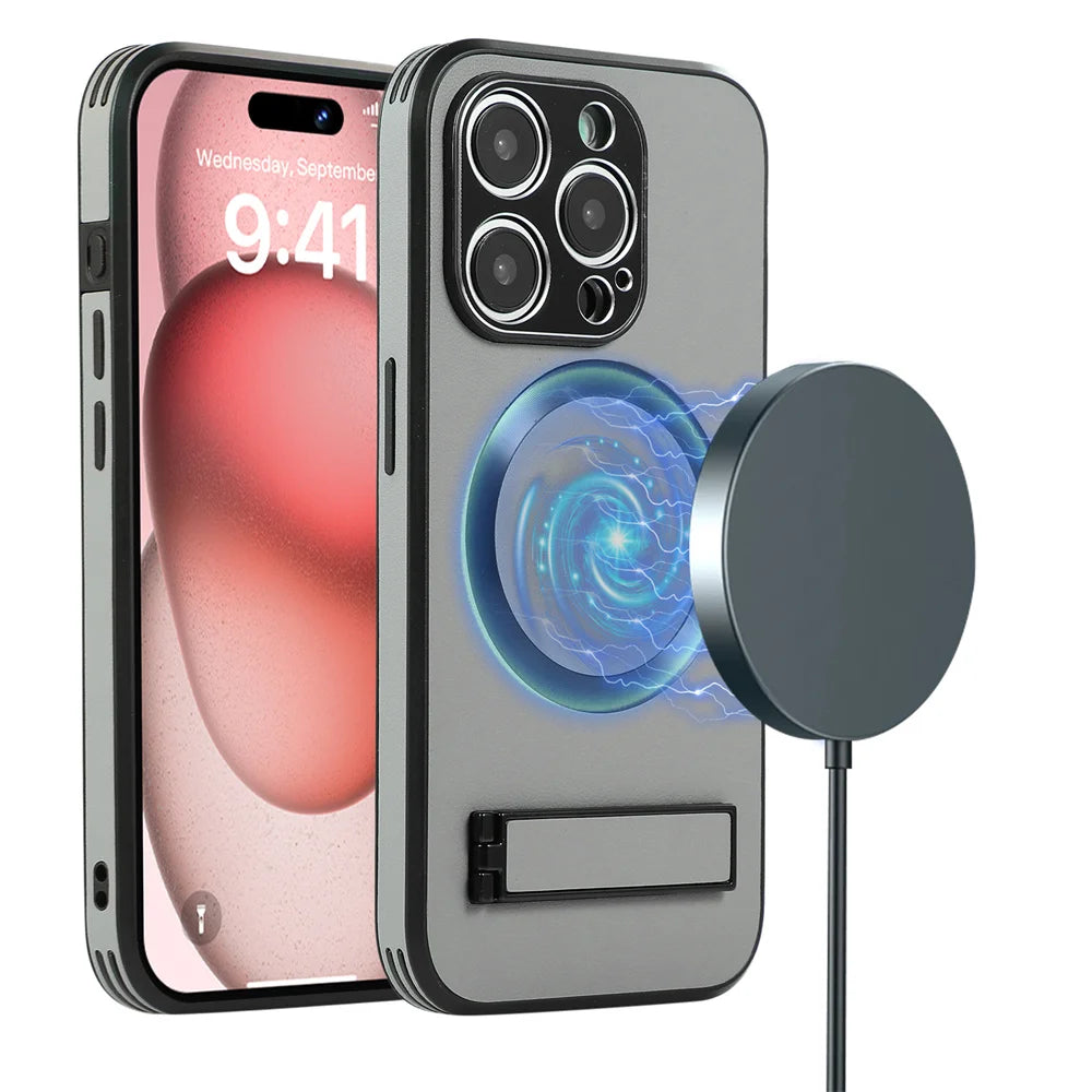Luxury Magnetic Leather Stand Phone Case For iPhone 17 16 15 14 11 12 13 Pro Max Wireless Charging For Magsafe Shockproof Cover