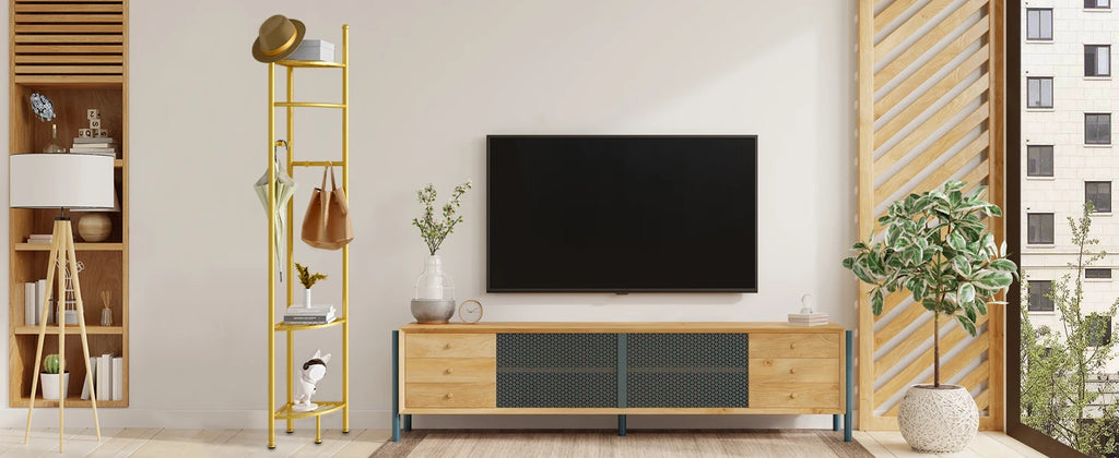 Space-Saving Tall Entryway Gold Metal Coat Stand with Shelves A Free-Standing Clothes Rack Ideal for Bedroom  & Living Room