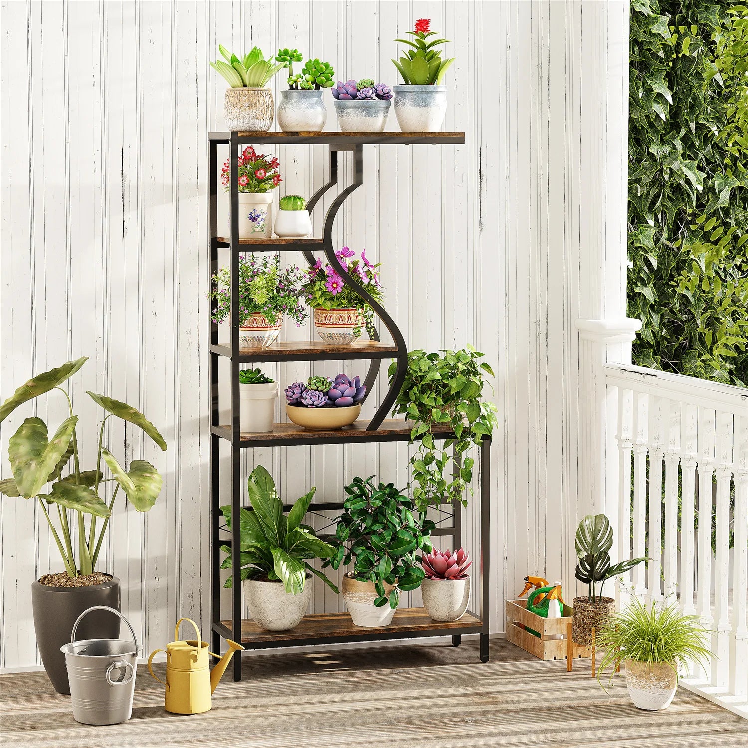 Vintage Industrial Tall Plant Stand - 5-Tier Rustic Shelf Display Unit for Home, Patio, Garden Flower Storage Cabinet & Bookcase