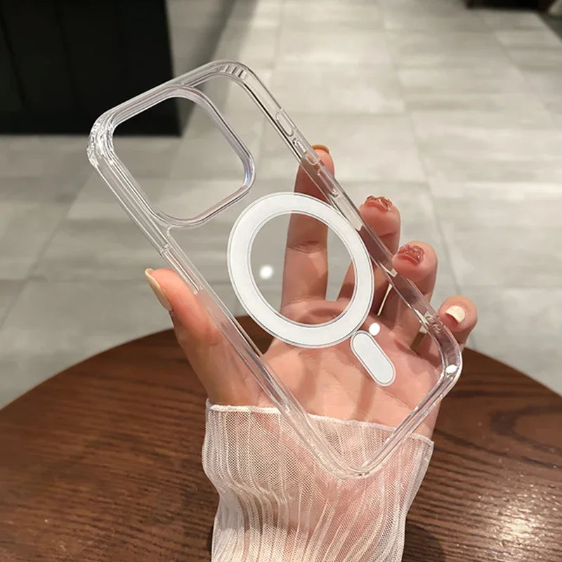 Clear For Magsafe Wireless Charge Phone Case For iPhone 16 15 14 13 12 11 Pro Max Plus Mini Magnetic Acrylic Transparent Cover