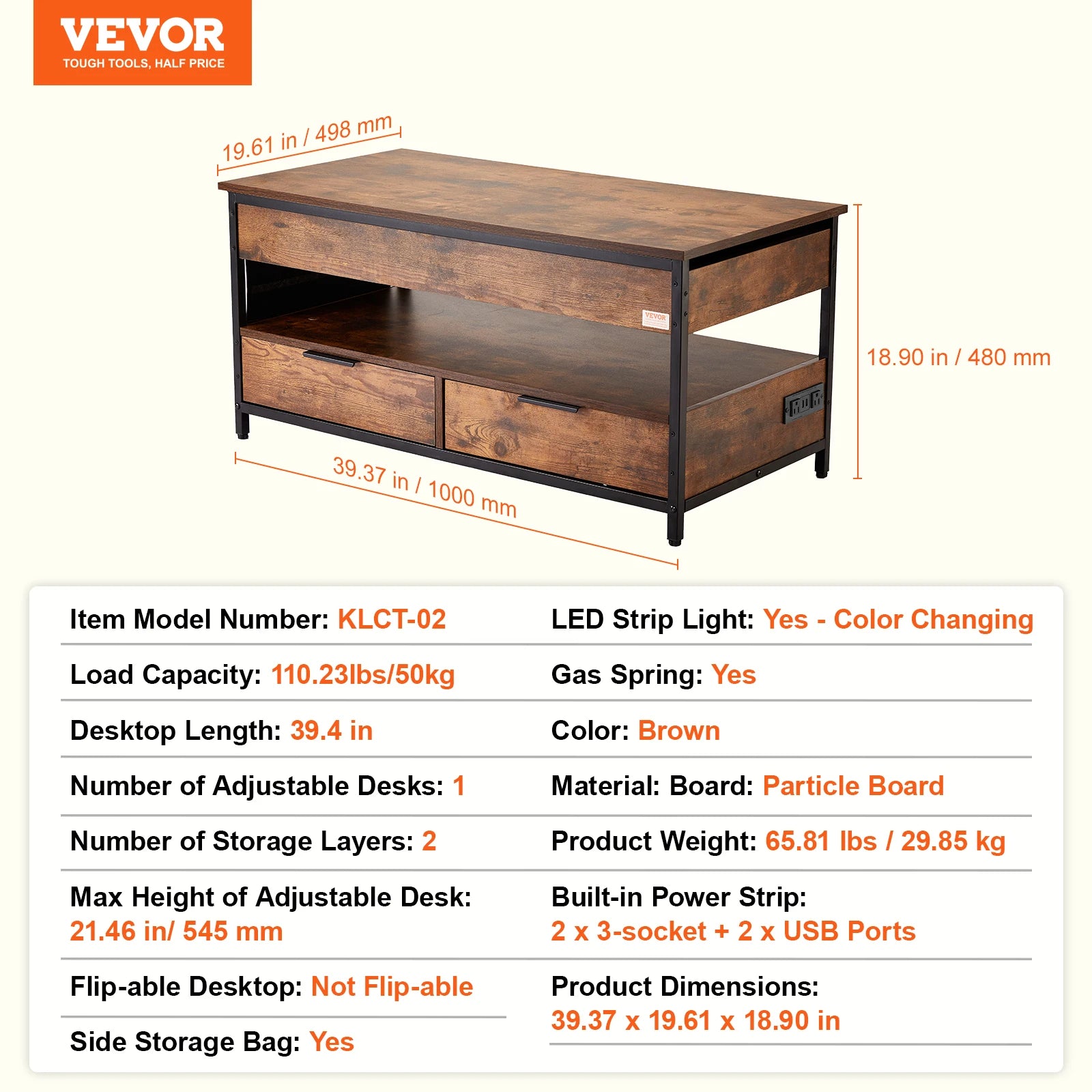 VEVOR Lift Top Coffee Table Round Rectangle Table with Extra Storage Pockets Pop Up & Flipable Coffee Table for Living Room