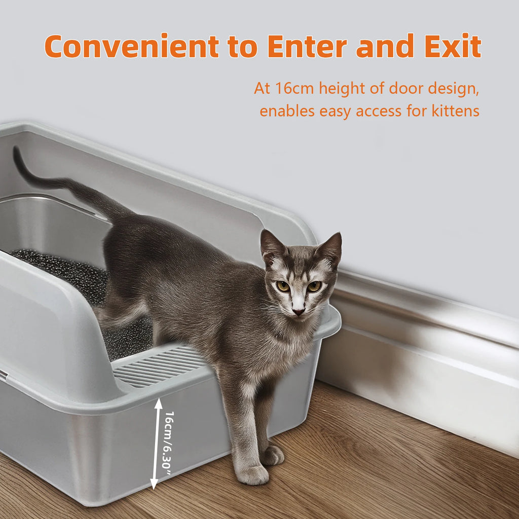 Bingopaw Stainless Steel Litter Box with Lid, High Sides Metal Litter Box System for for Big Cats, Anti-Leakage, Easy Cleaning