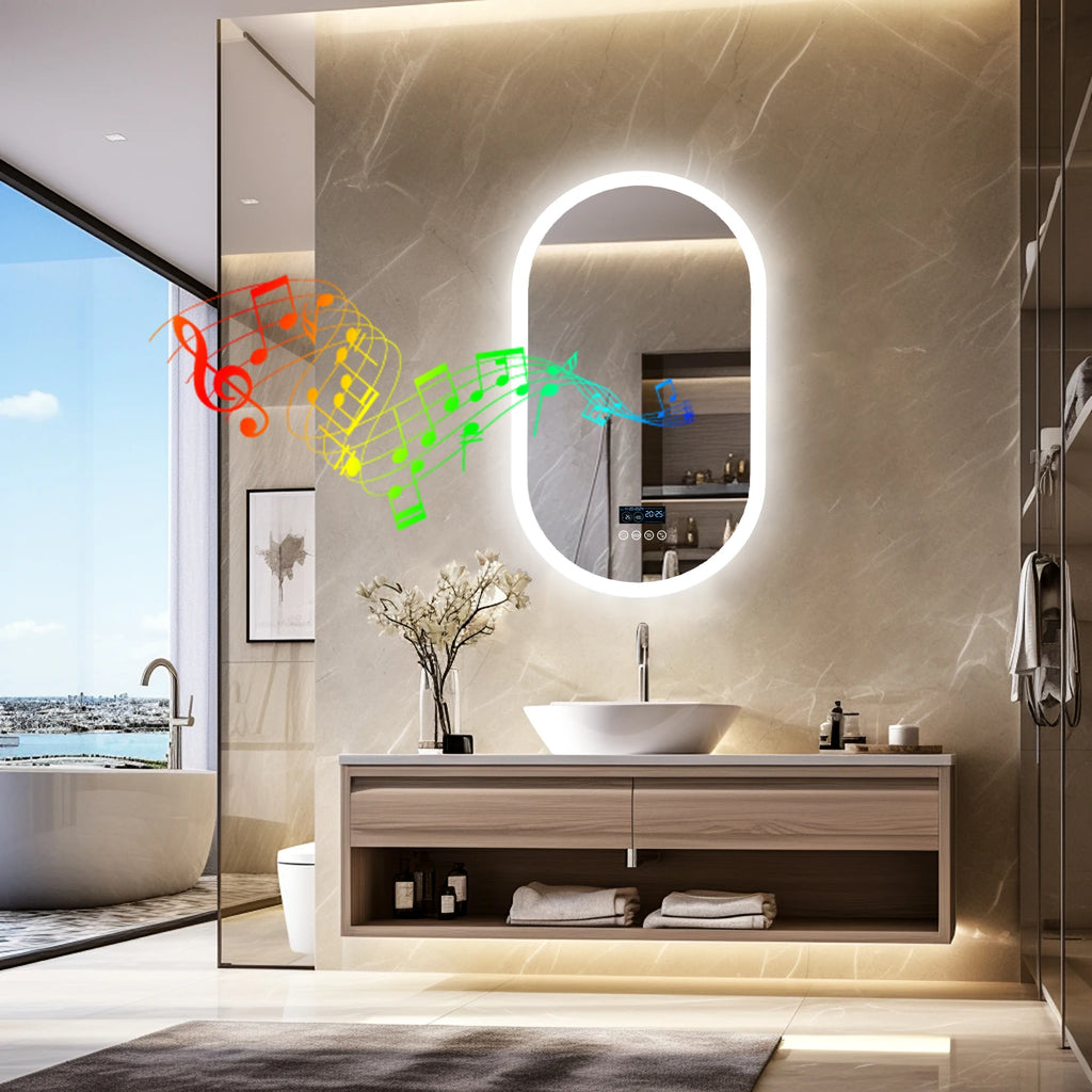 Oval LED Bathroom Mirror with Lights, Anti-Fog, Bluetooth Speaker, 3 Colors Temperature Dimmable Lighted Mirrors Waterproof