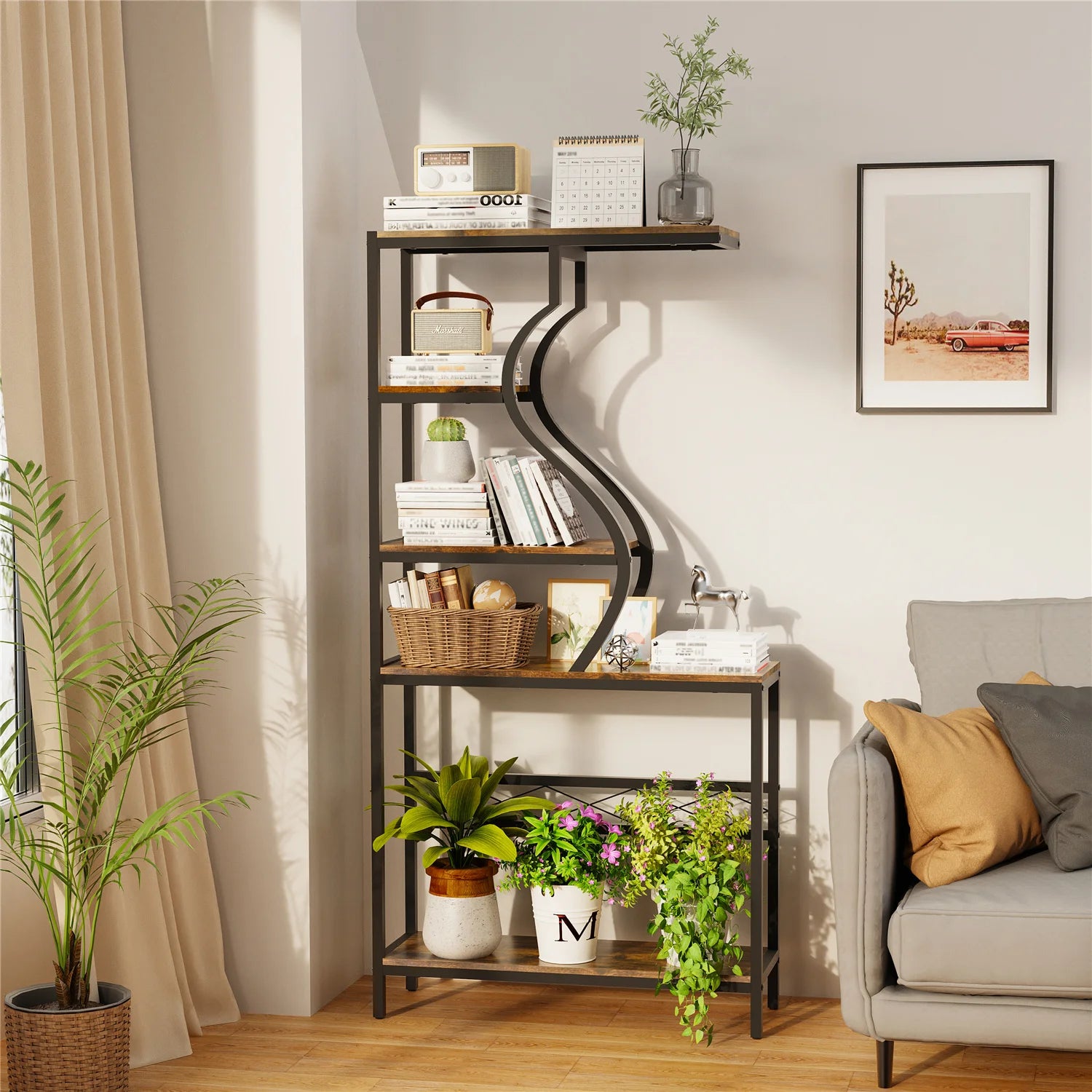 Vintage Industrial Tall Plant Stand - 5-Tier Rustic Shelf Display Unit for Home, Patio, Garden Flower Storage Cabinet & Bookcase