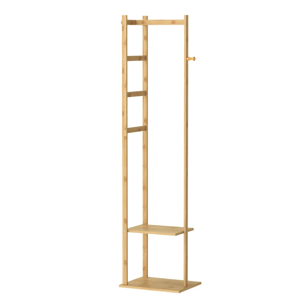 Bingopaw Coat Tree Solid Bamboo Freestanding Coat Rack with Storage Garments Corner Stand with Hooks for Home Bedroom
