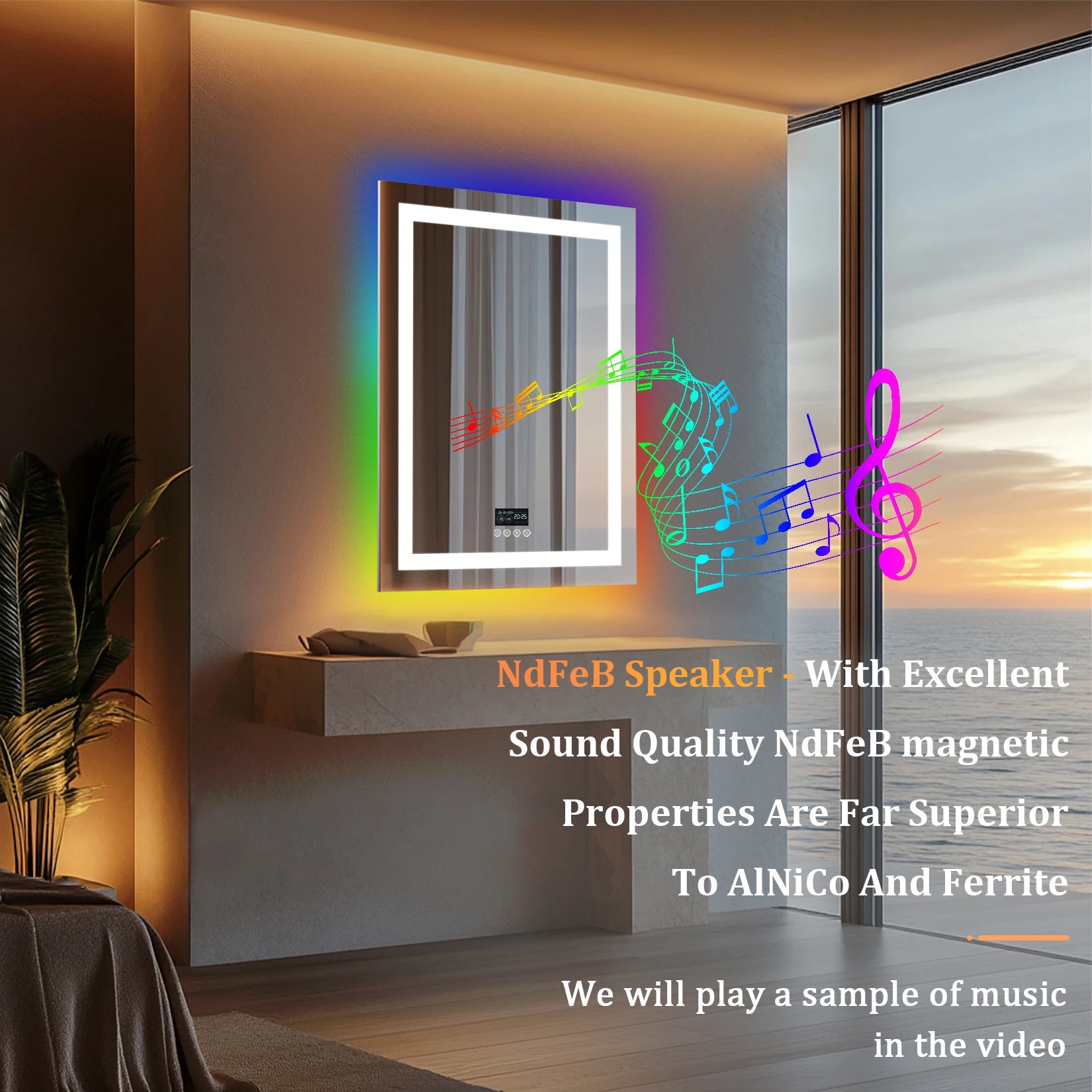 Wisfor Rectangular RGB Bathroom Mirror With Bluetooth Speaker 27x35inch Wall Lighted Bathroom Mirror With Smart Display, 3 Color