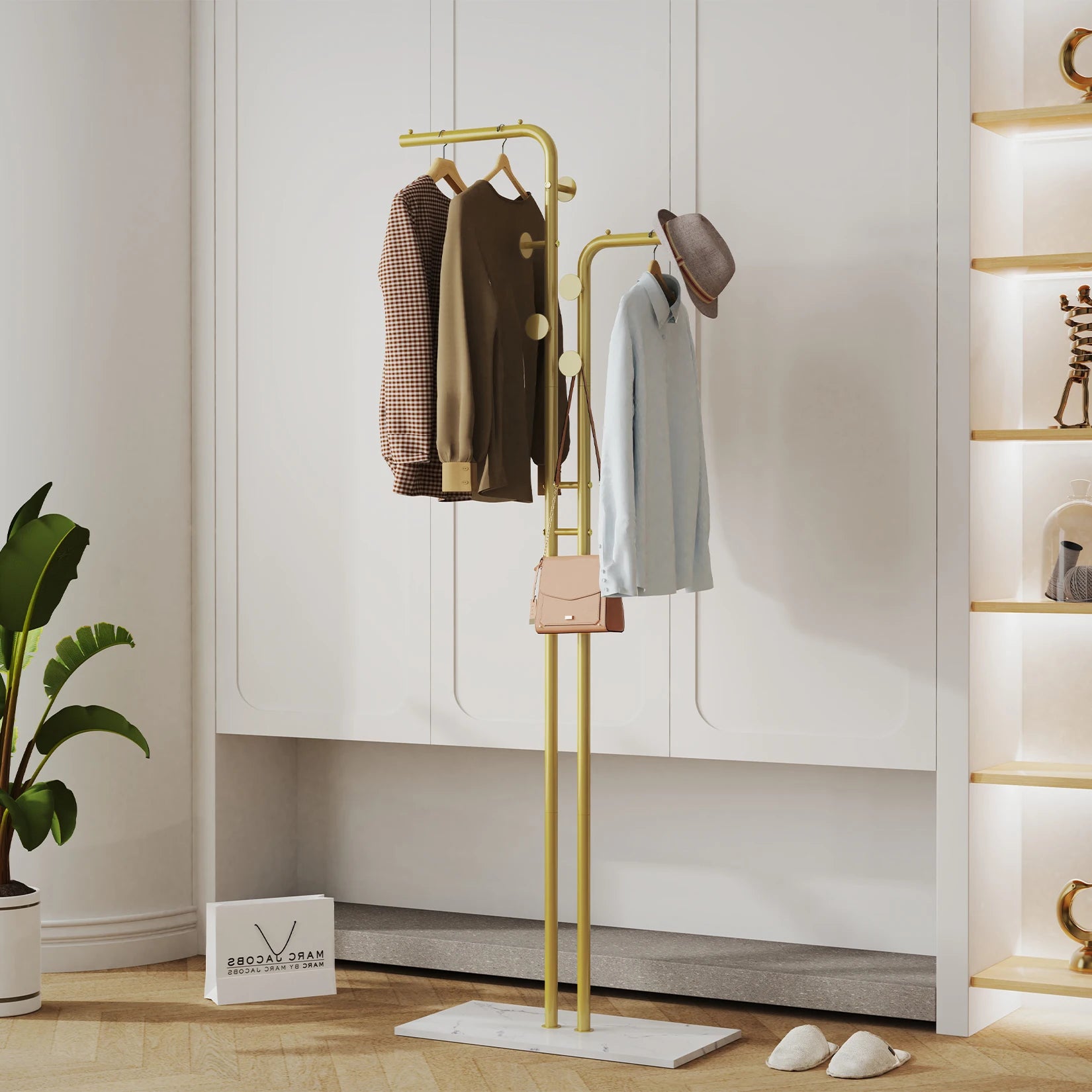 Metal Coat Rack Freestanding with Natural Marble Base, Entryway Coats Hanger Stand with 5 Hooks, Home Hotel Hall Tree for Coats