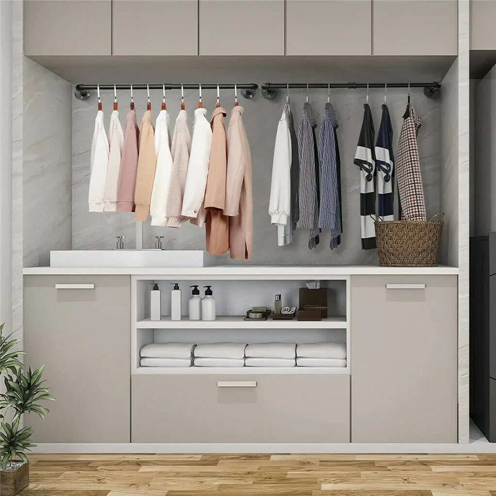 180cm Bedroom Garment Home Rail Multipurpose Wall Mounted Industrial Pipe Clothes Rack Space Saving Hanging Shelf with 3 Hooks