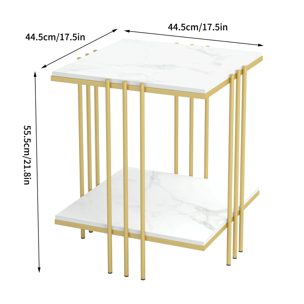 Marble Top Side Table Gold 2 Tier Square White End Tables 44.5x44.5x55.5cm Sintered Stone Marbles Tabletop Modern Small Bedside