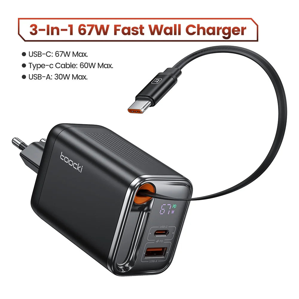 Toocki 67W GaN USB C Charger With Retractable Type C Cable