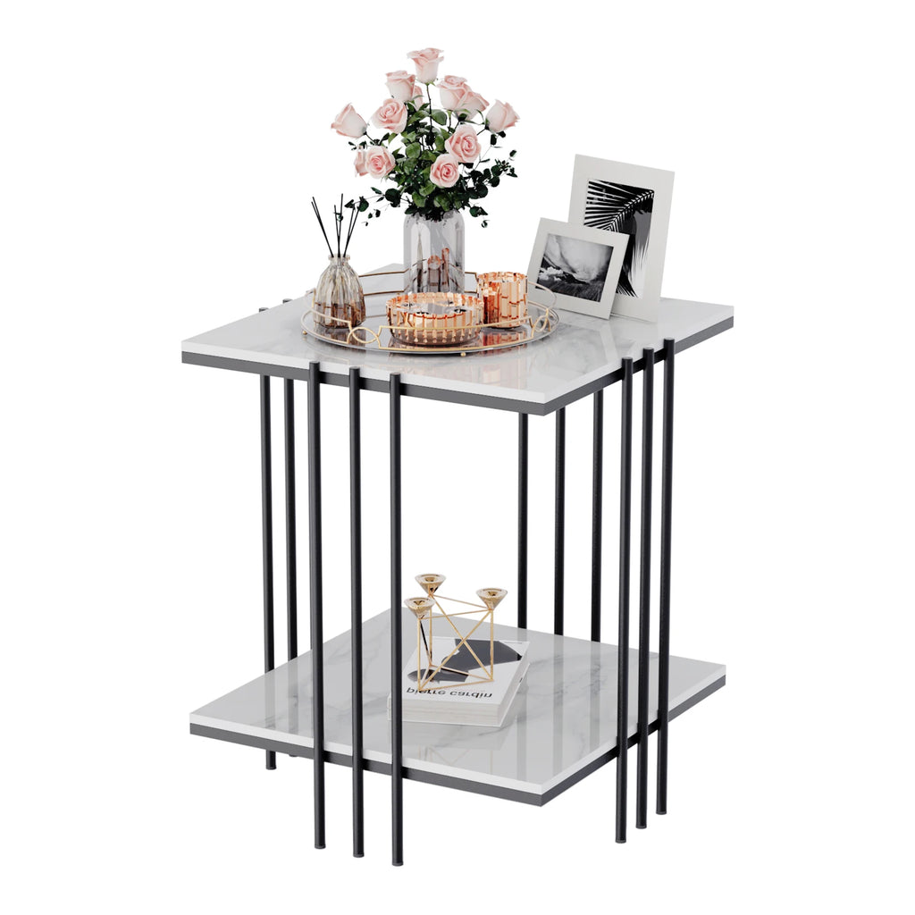 2-Tier Marble Sofa Side Table Coffee Table Modern Square Black Metal Frame for Living Room Accent
