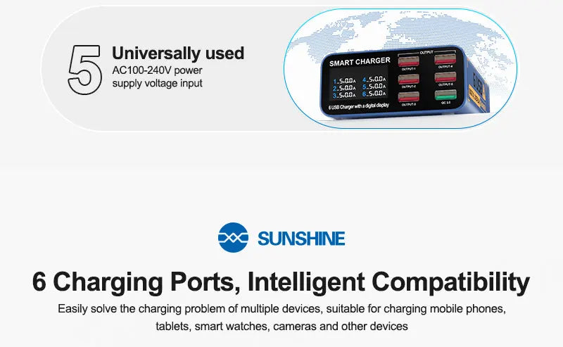 SUSNHINE 6-port Usb Digital Display Fast Charger for Phone Tablet Watch Charging