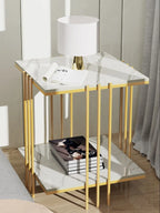 Marble Top Side Table Gold 2 Tier Square White End Tables 44.5x44.5x55.5cm Sintered Stone Marbles Tabletop Modern Small Bedside