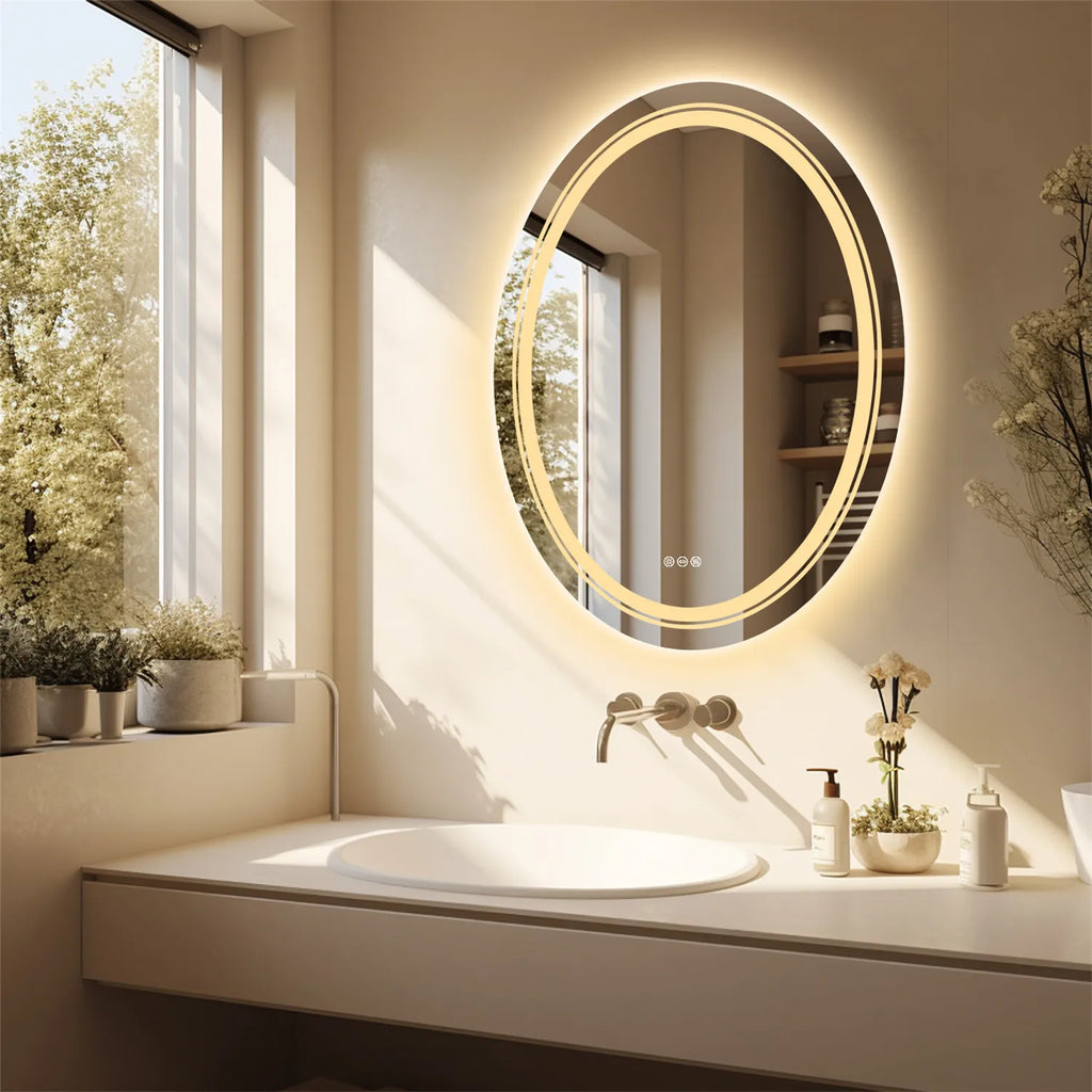 Large Oval LED Bathroom Mirror Lighted Mirror Anti-Fog Vanity Bathroom Backlit Dimmable Wall Mounted 3 Colors Memory with Plug