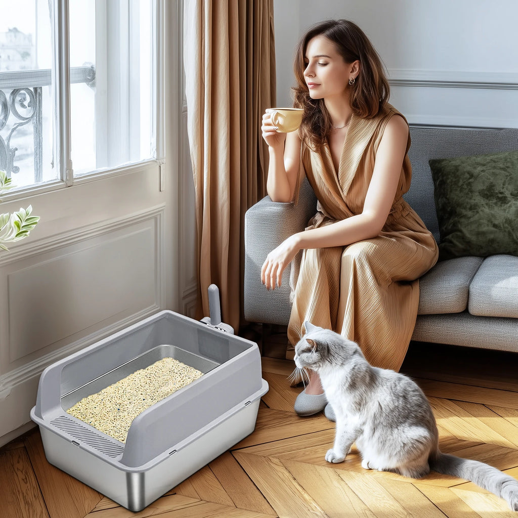Bingopaw Stainless Steel Litter Box with Lid, High Sides Metal Litter Box System for for Big Cats, Anti-Leakage, Easy Cleaning