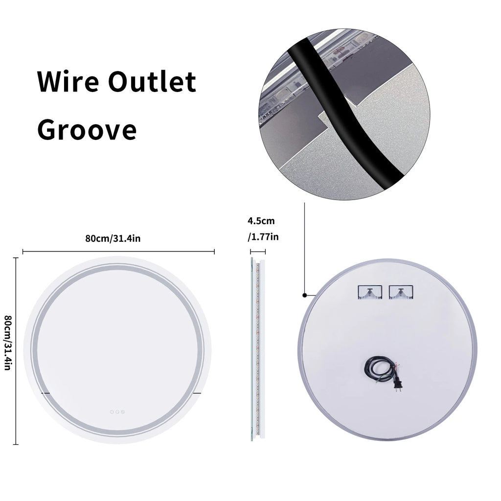 800mm LED Circle Wall Mounted Vanity Mirror with Demister Pad Smart Touch Sensor Memory Function Backlit Front Lighted 3 Colors