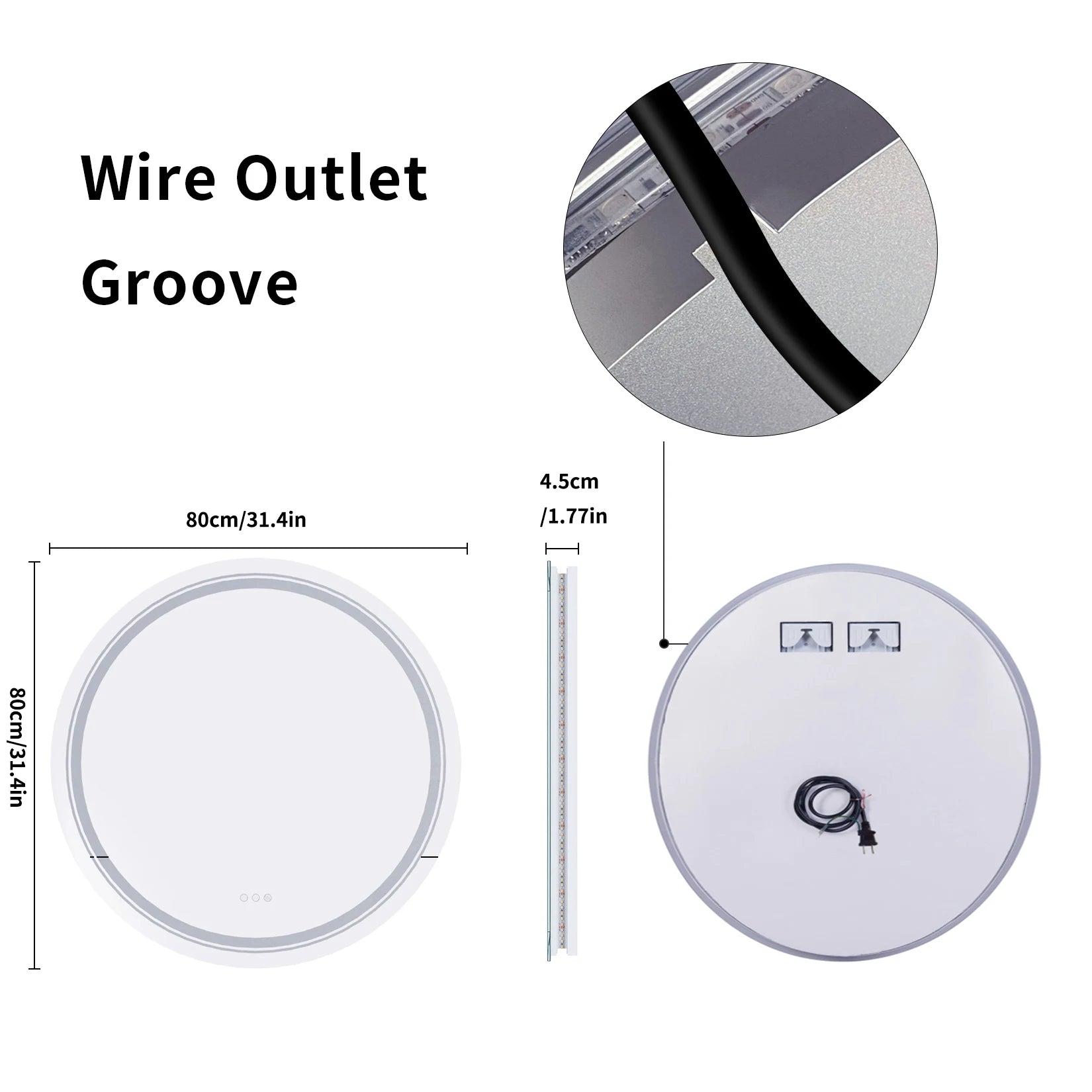 800mm LED Circle Wall Mounted Vanity Mirror with Demister Pad Smart Touch Sensor Memory Function Backlit Front Lighted 3 Colors