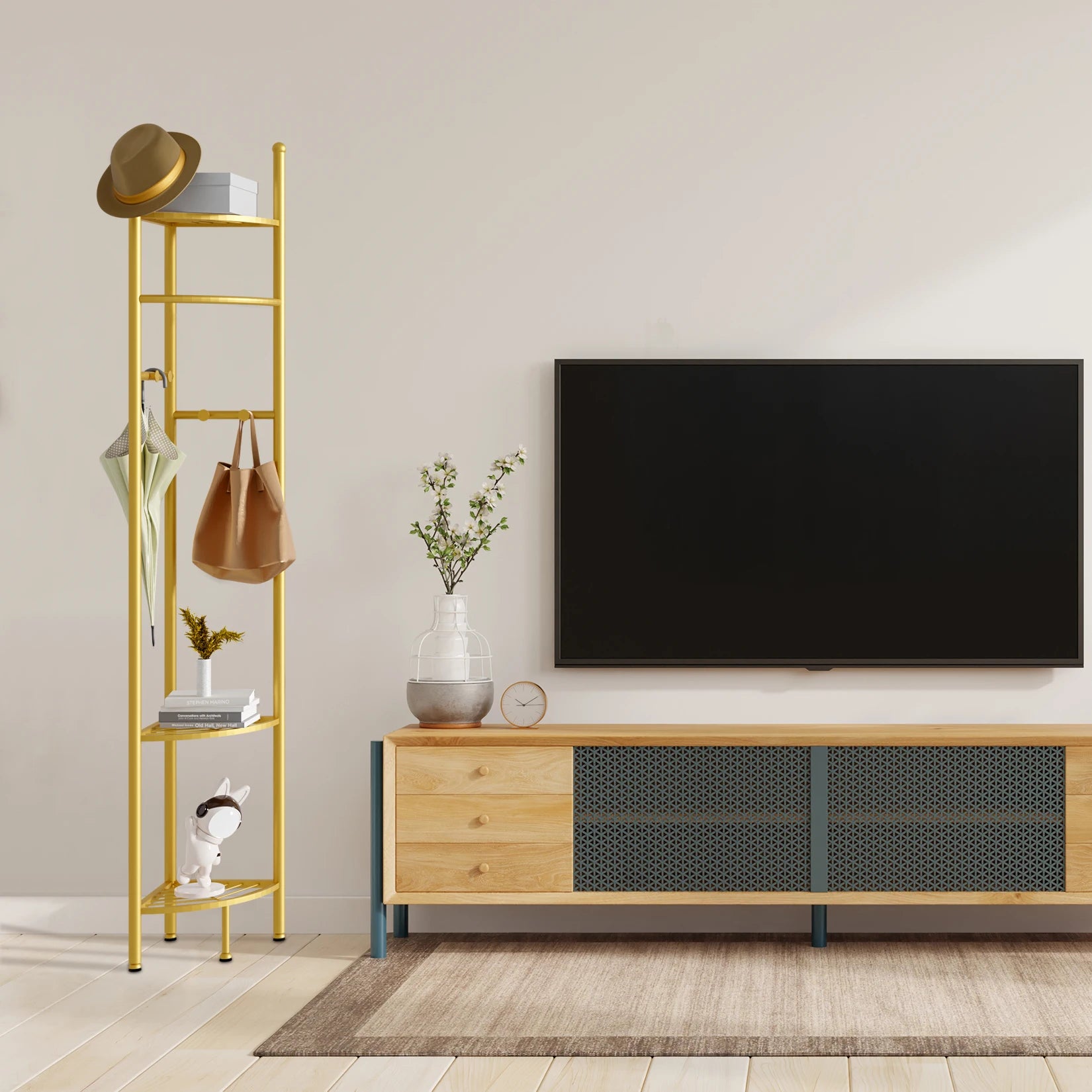Space-Saving Tall Entryway Gold Metal Coat Stand with Shelves A Free-Standing Clothes Rack Ideal for Bedroom  & Living Room