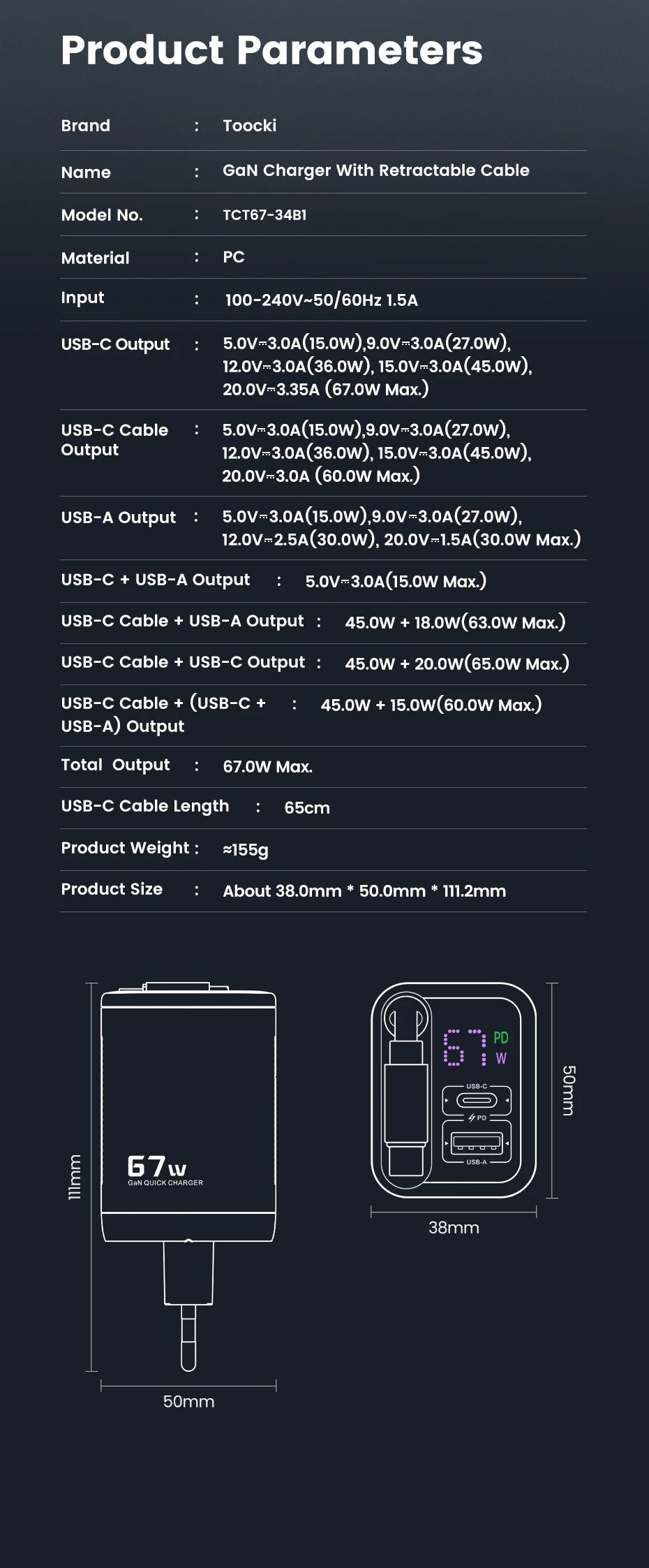 Toocki 67W GaN USB C Charger With Retractable Type C Cable
