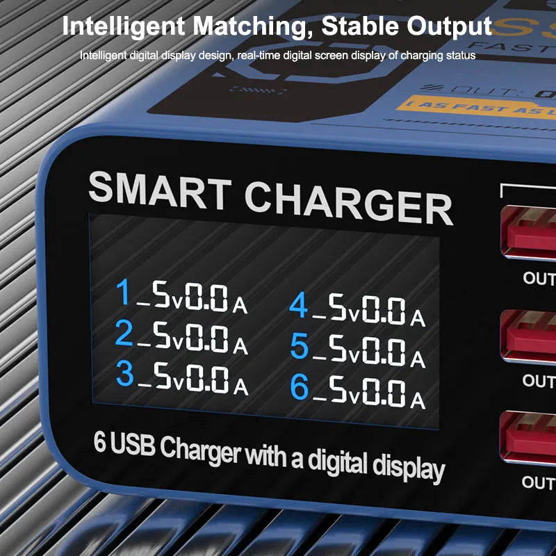 SUSNHINE 6-port Usb Digital Display Fast Charger for Phone Tablet Watch Charging