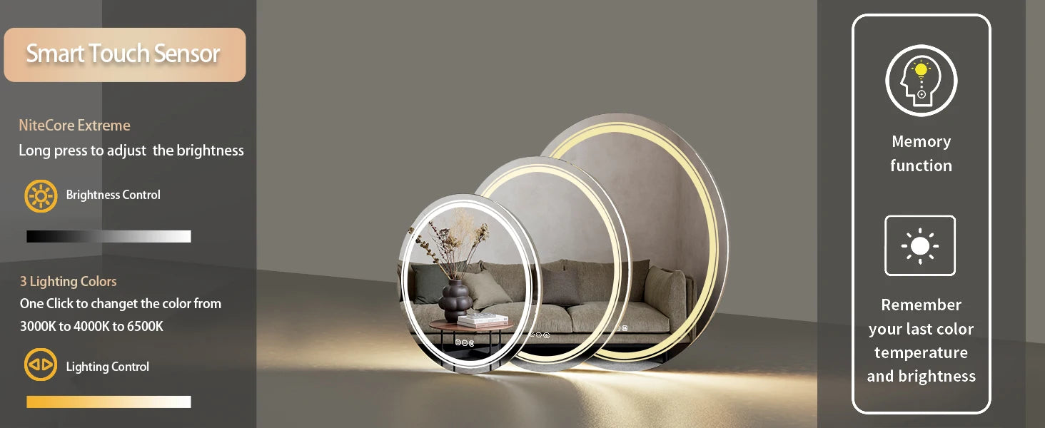 600mm LED Round Wall Mounted Vanity Mirror with Demister Pad Smart Touch Sensor Memory Function Backlit Front Lighted 3 Colors