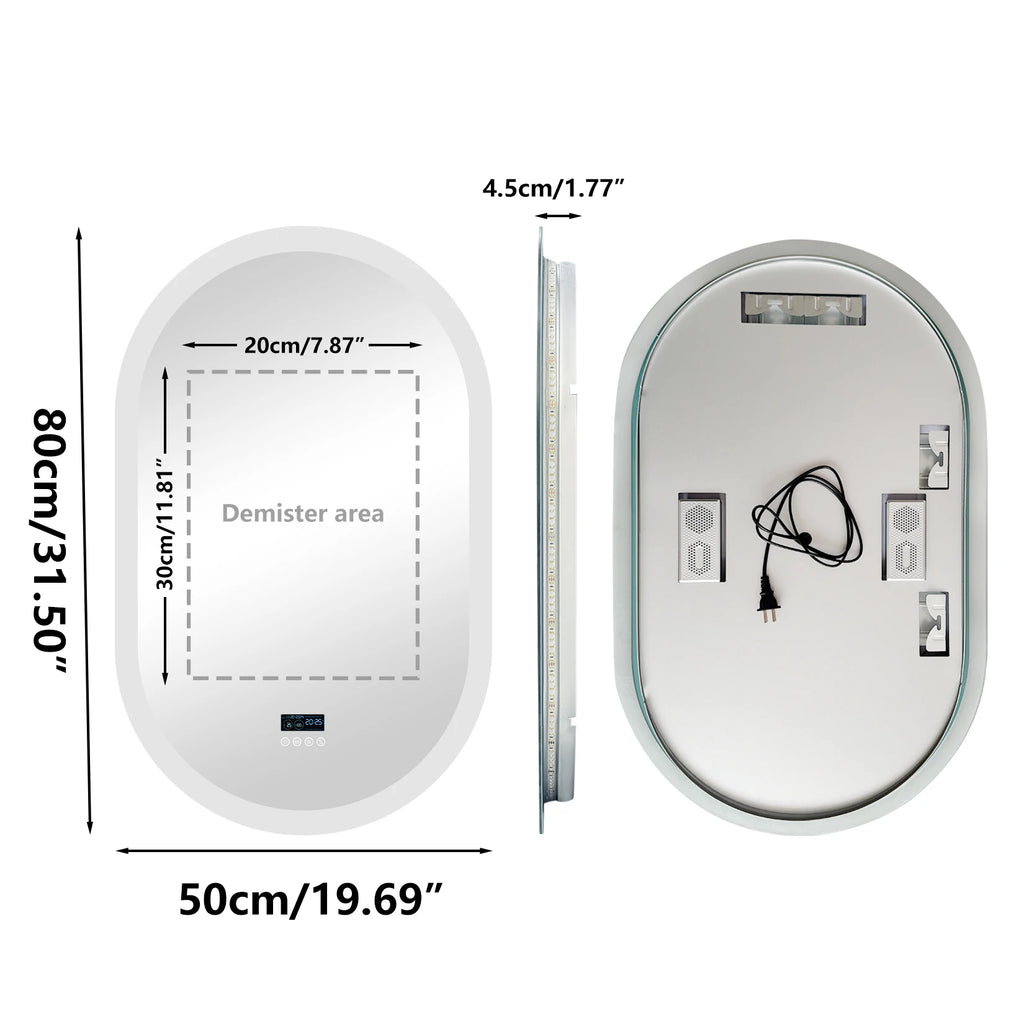 Oval LED Bathroom Mirror with Lights, Anti-Fog, Bluetooth Speaker, 3 Colors Temperature Dimmable Lighted Mirrors Waterproof