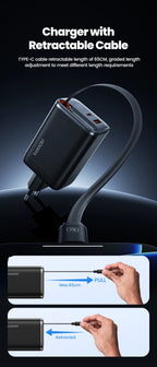 Toocki 67W GaN USB C Charger With Retractable Type C Cable