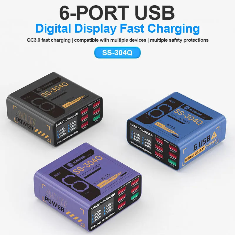 SUSNHINE 6-port Usb Digital Display Fast Charger for Phone Tablet Watch Charging