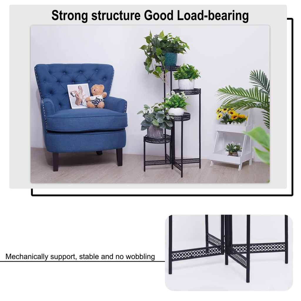 3/4 Tier Metal Plant Stand Indoor Black Tall Flower Pot Holder Display Rack Foldable for Patio Garden Living Room Corner Balcony