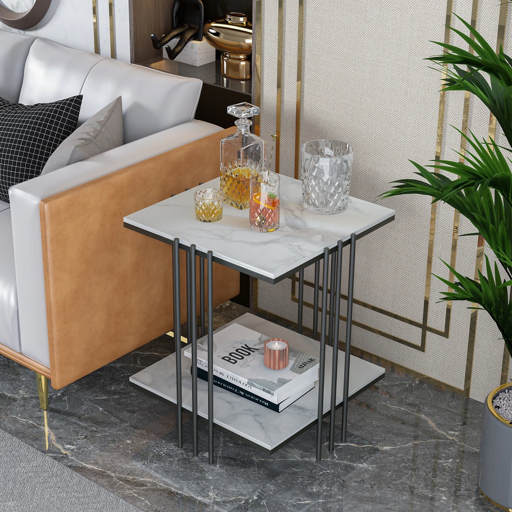 2-Tier Marble Sofa Side Table Coffee Table Modern Square Black Metal Frame for Living Room Accent