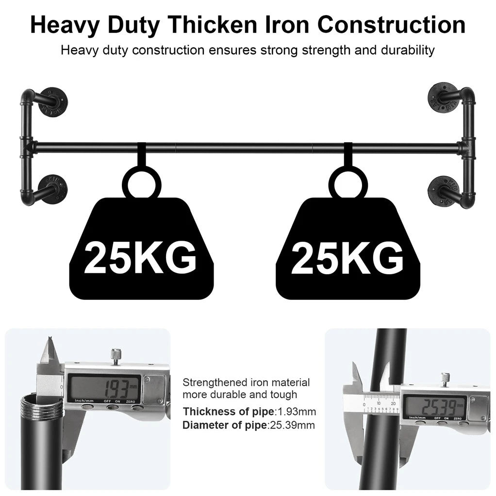 Industrial Pipe Clothes Rack Wall Mounted Hanging Bar Garment Rack Rail Detachable Bedroom Space-Saver for Home