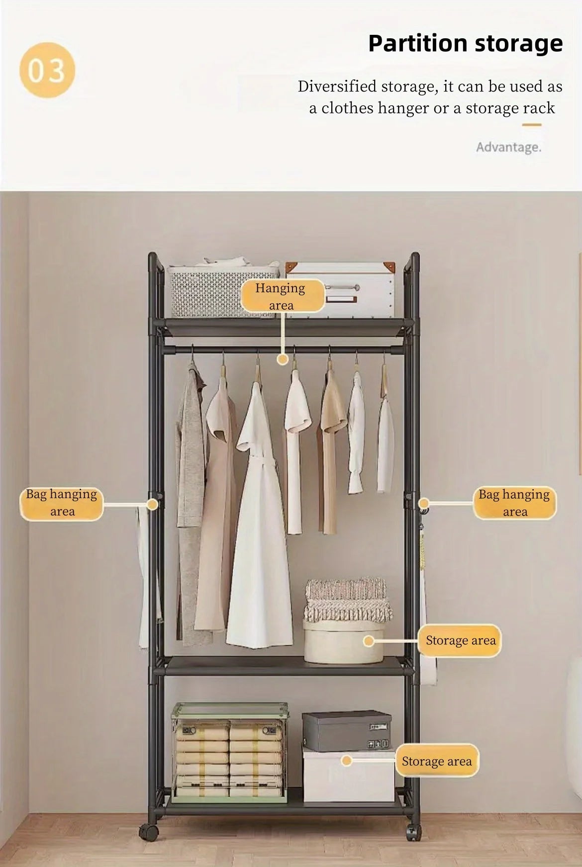 Clothing Storage Rack with Wheels, Hooks & Shelves - Space-Saving Organizer, Durable Freestanding Clothes Organizer for Bedroom
