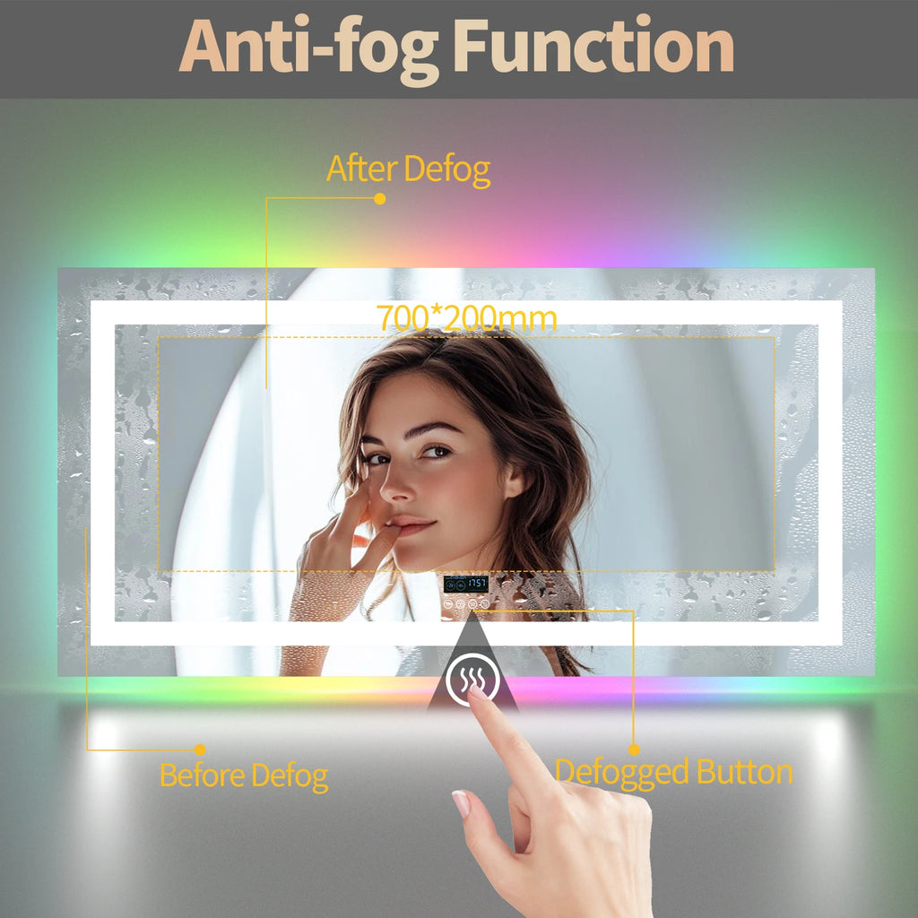 Wisfor Rectangular RGB Bathroom Mirror With Bluetooth Speaker 27x35inch Wall Lighted Bathroom Mirror With Smart Display, 3 Color
