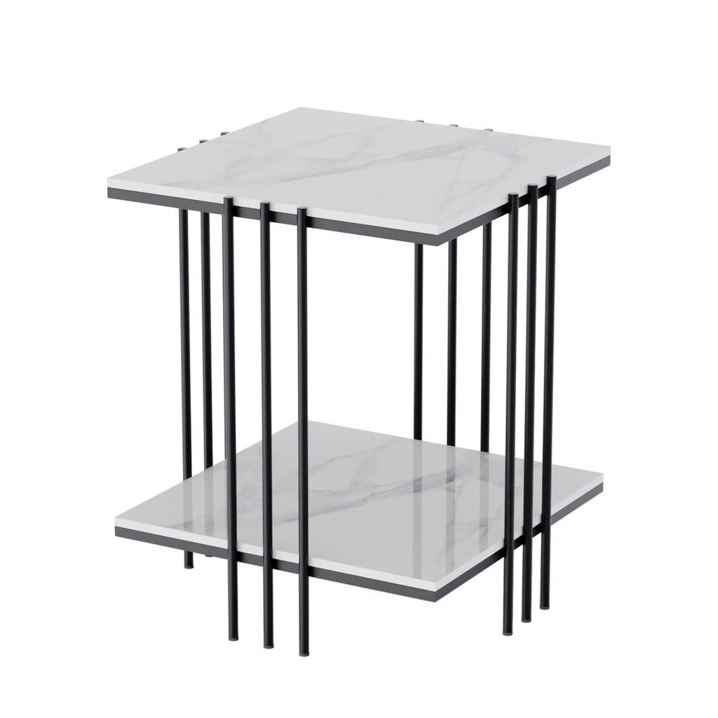 2-Tier Marble Sofa Side Table Coffee Table Modern Square Black Metal Frame for Living Room Accent