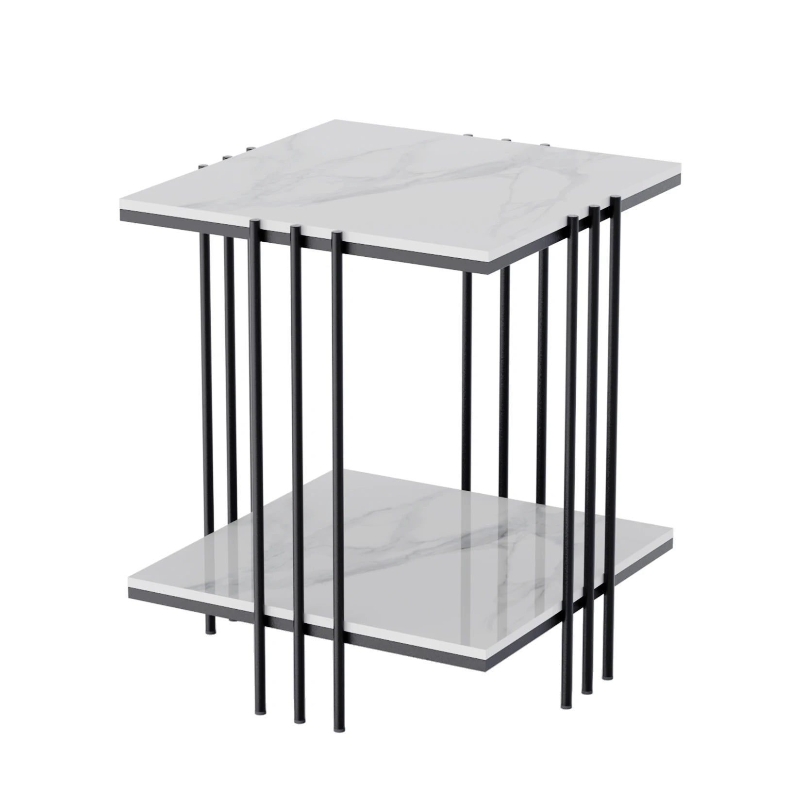 2-Tier Marble Sofa Side Table Coffee Table Modern Square Black Metal Frame for Living Room Accent