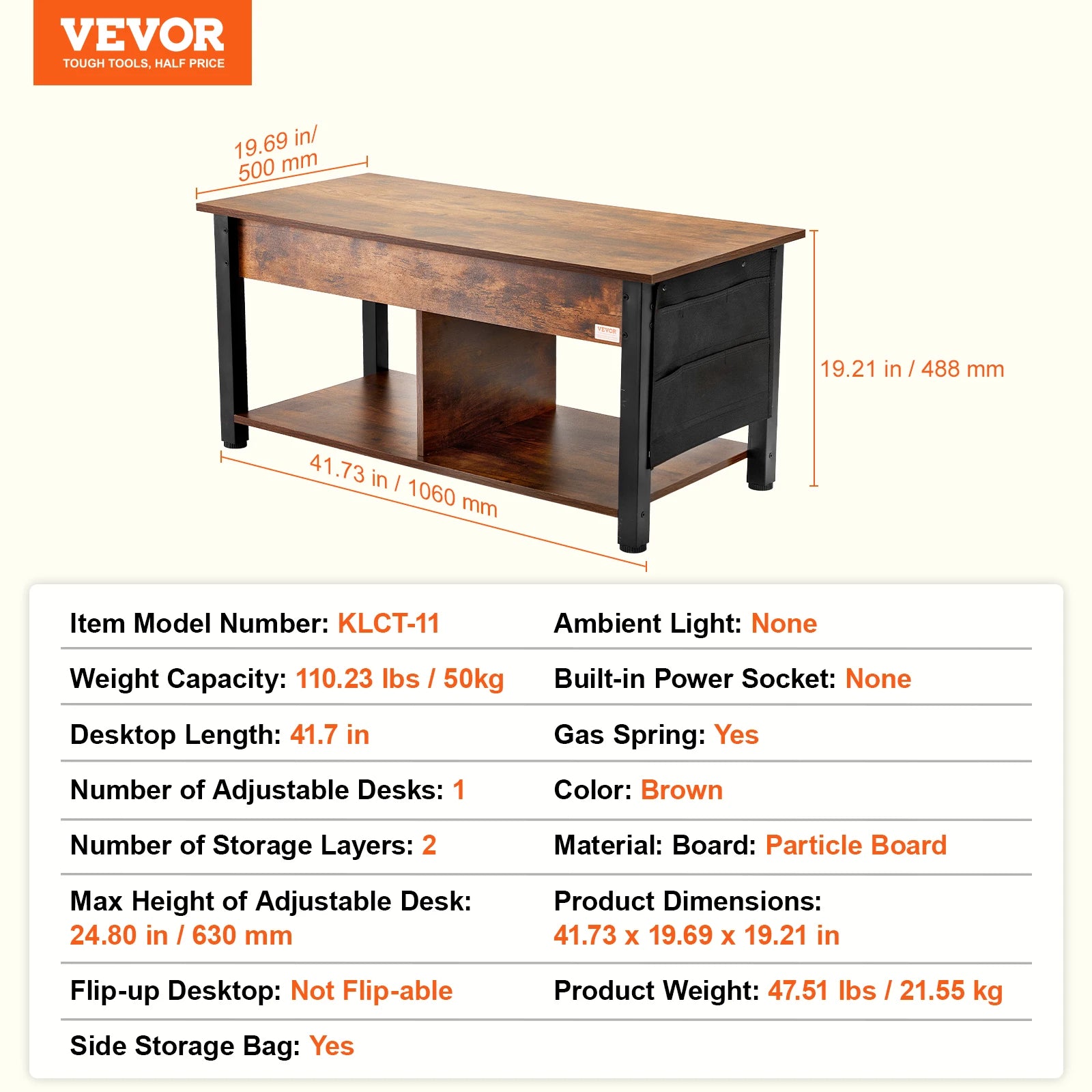 VEVOR Lift Top Coffee Table Round Rectangle Table with Extra Storage Pockets Pop Up & Flipable Coffee Table for Living Room