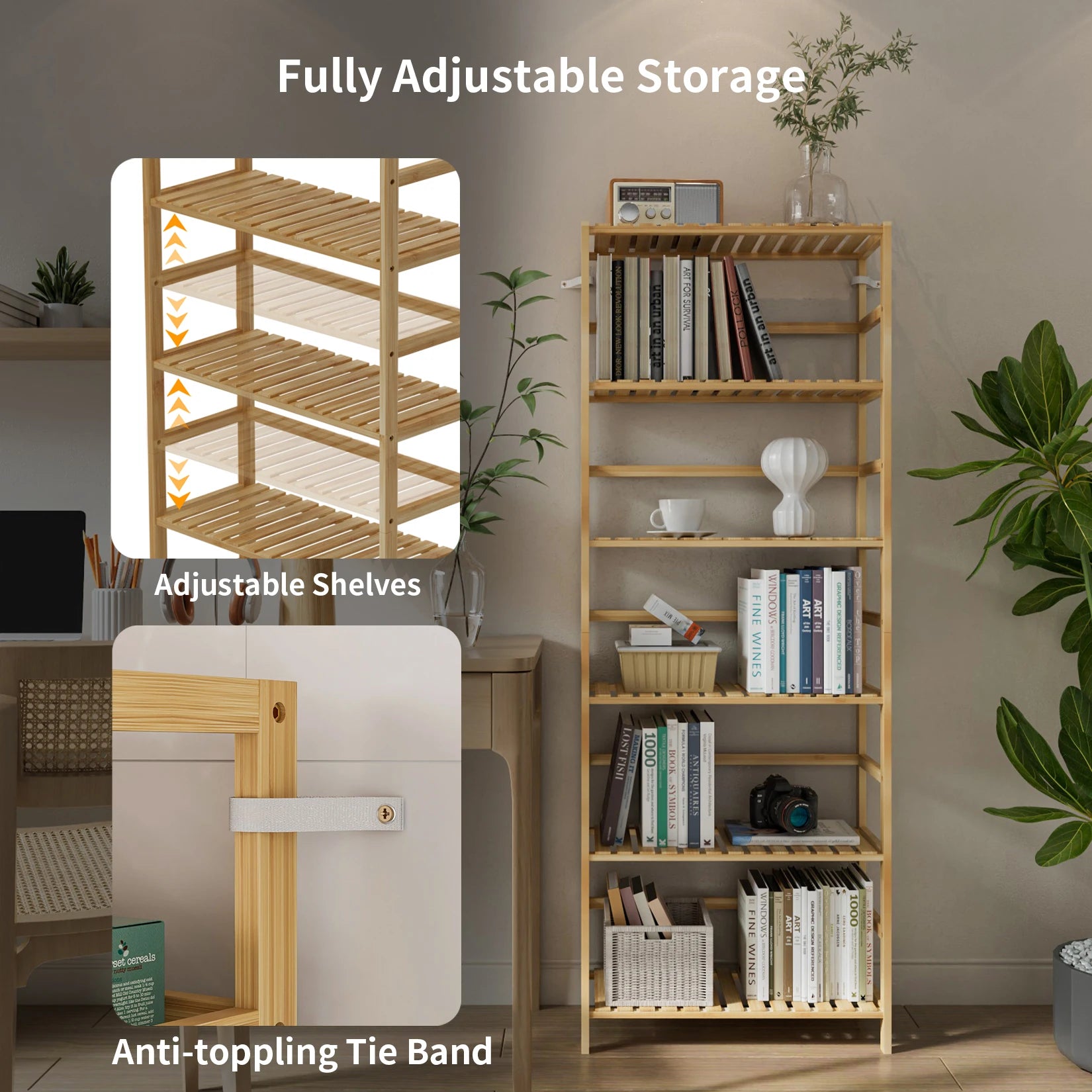6 Tiers Bamboo Bookshelf Flower Rack with Adjustable DIY Shelves Free Standing Natural Wood Color Display Shelf for Living Room