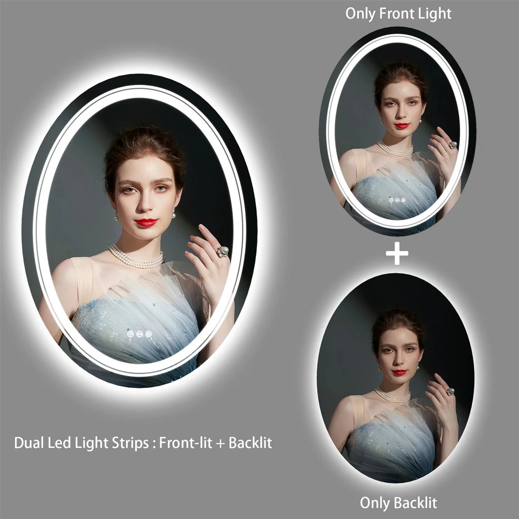 Large Oval LED Bathroom Mirror Lighted Mirror Anti-Fog Vanity Bathroom Backlit Dimmable Wall Mounted 3 Colors Memory with Plug