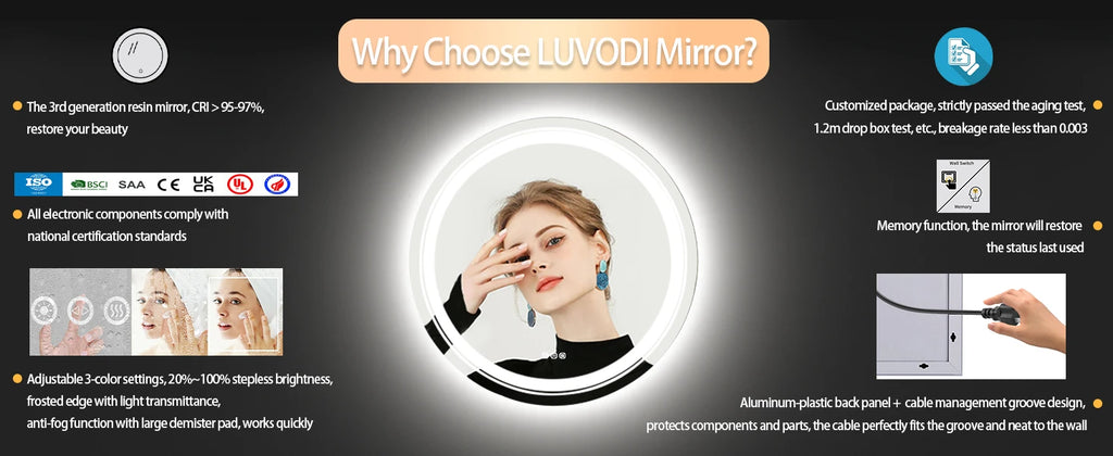800mm LED Circle Wall Mounted Vanity Mirror with Demister Pad Smart Touch Sensor Memory Function Backlit Front Lighted 3 Colors