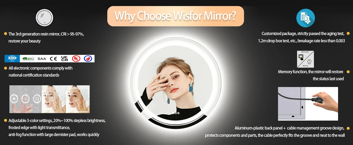 800mm LED Circle Wall Mounted Vanity Mirror with Demister Pad Smart Touch Sensor Memory Function Backlit Front Lighted 3 Colors